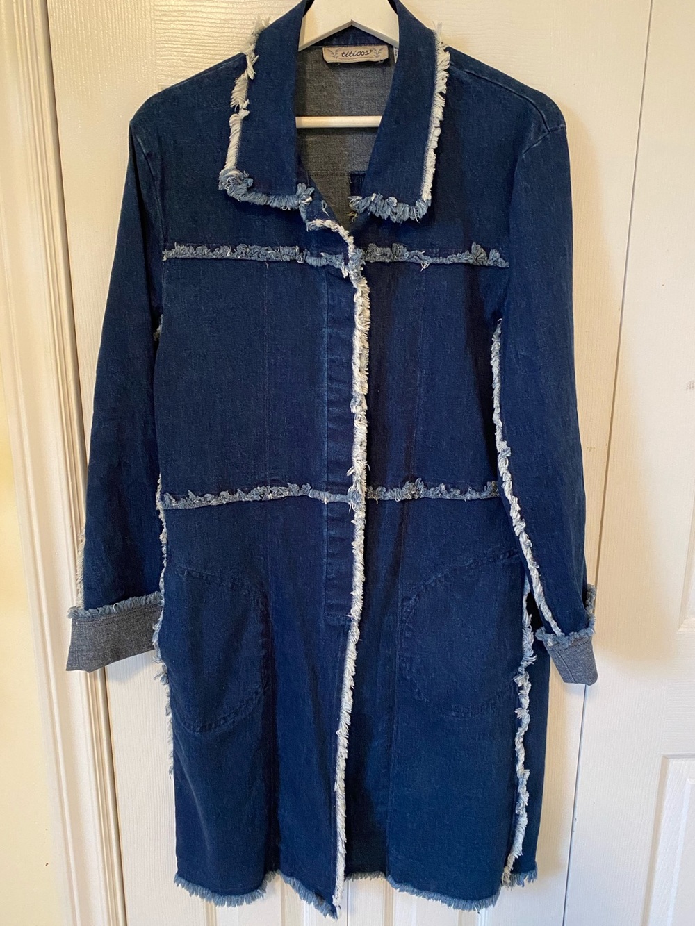 Jordache Vintage 80’s Denim Midi Coat Raw Fray Seams + Hem Dark Wash Size XL